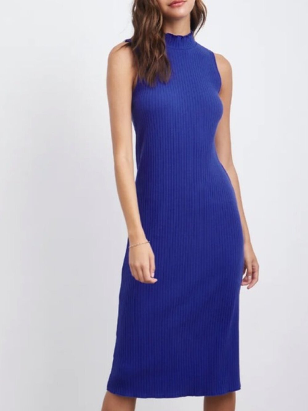 Rails Marjorie Ribbed Maxi Dress Electric Blue Lettuce Edge Mockneck Size XS